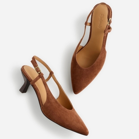 New! Madewell The Debbie Slingback Pump Heels Leather Suede in Soft Mahogany - Picture 1 of 16